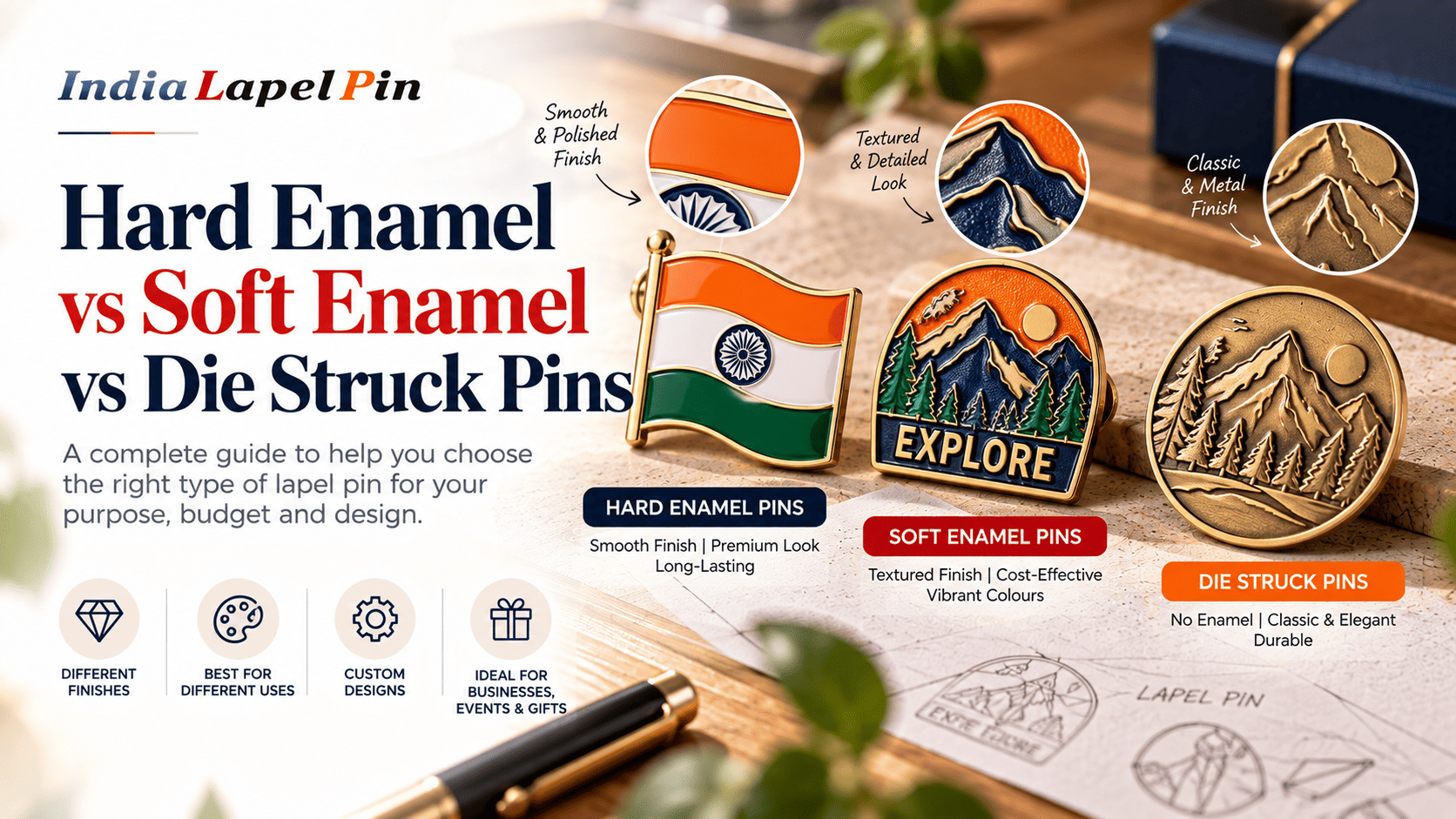 Hard enamel, soft enamel and die struck pin finishes