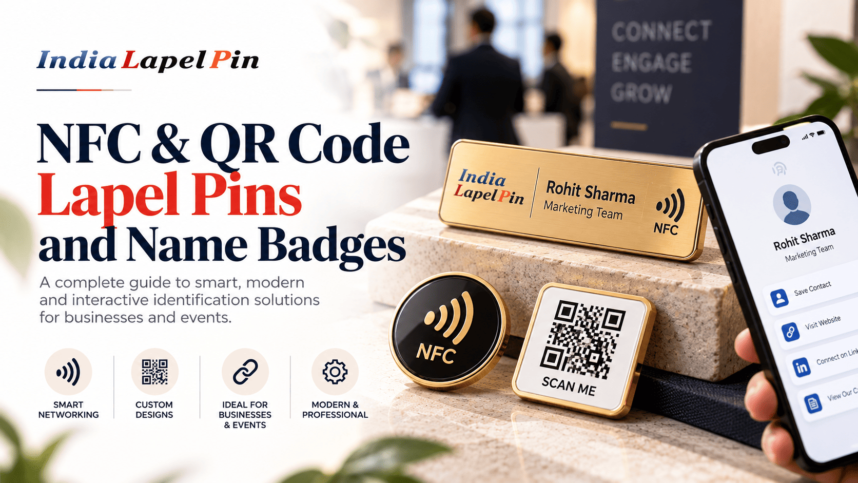 NFC and QR code enabled lapel pins and name badges